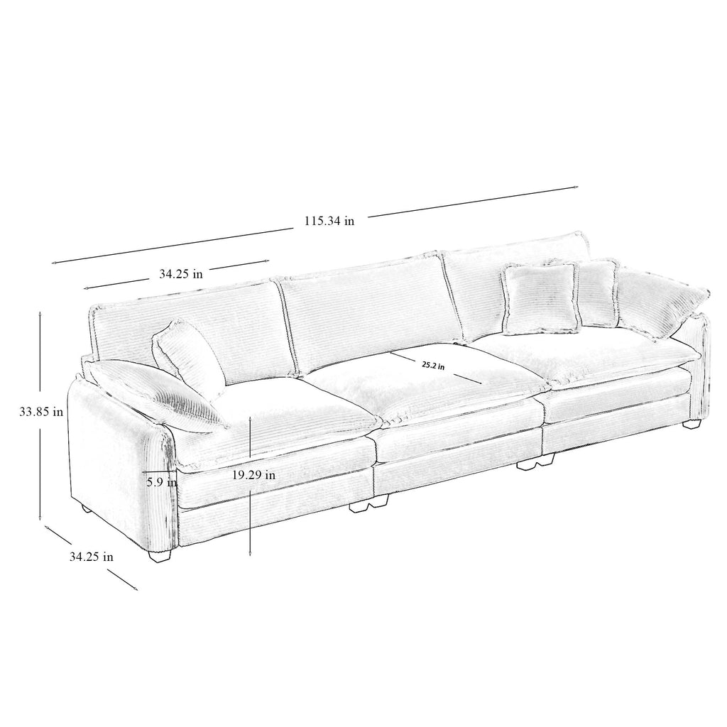 Modern Living Room Sofa 3 Pieces Set, Two 2-Seater Sofas and One 3-Seater Sofas, Upholstery Large Deep Seat Sofa with sofat Cushion and Pillowss, Beige Corduroy