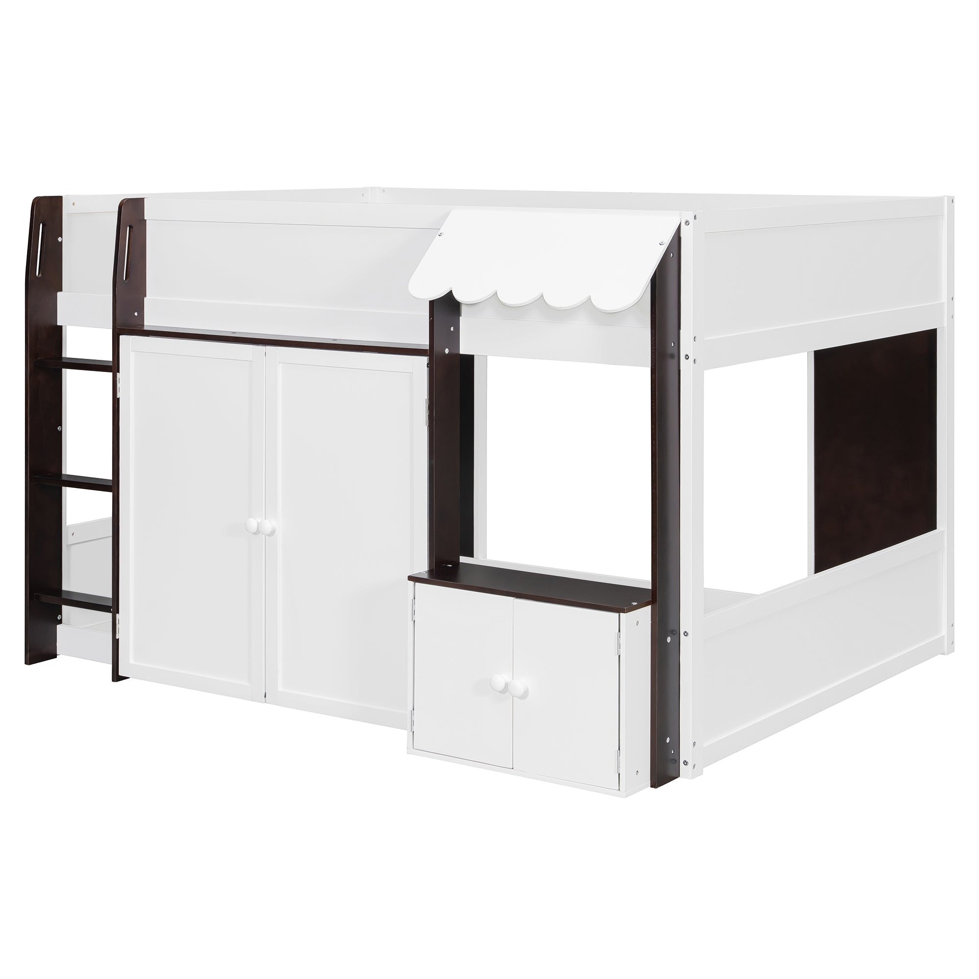 Full Loft House Bed with Playhouse & Storage, Modern Wood Cabin Bed for Kids/Teens, White+Espresso