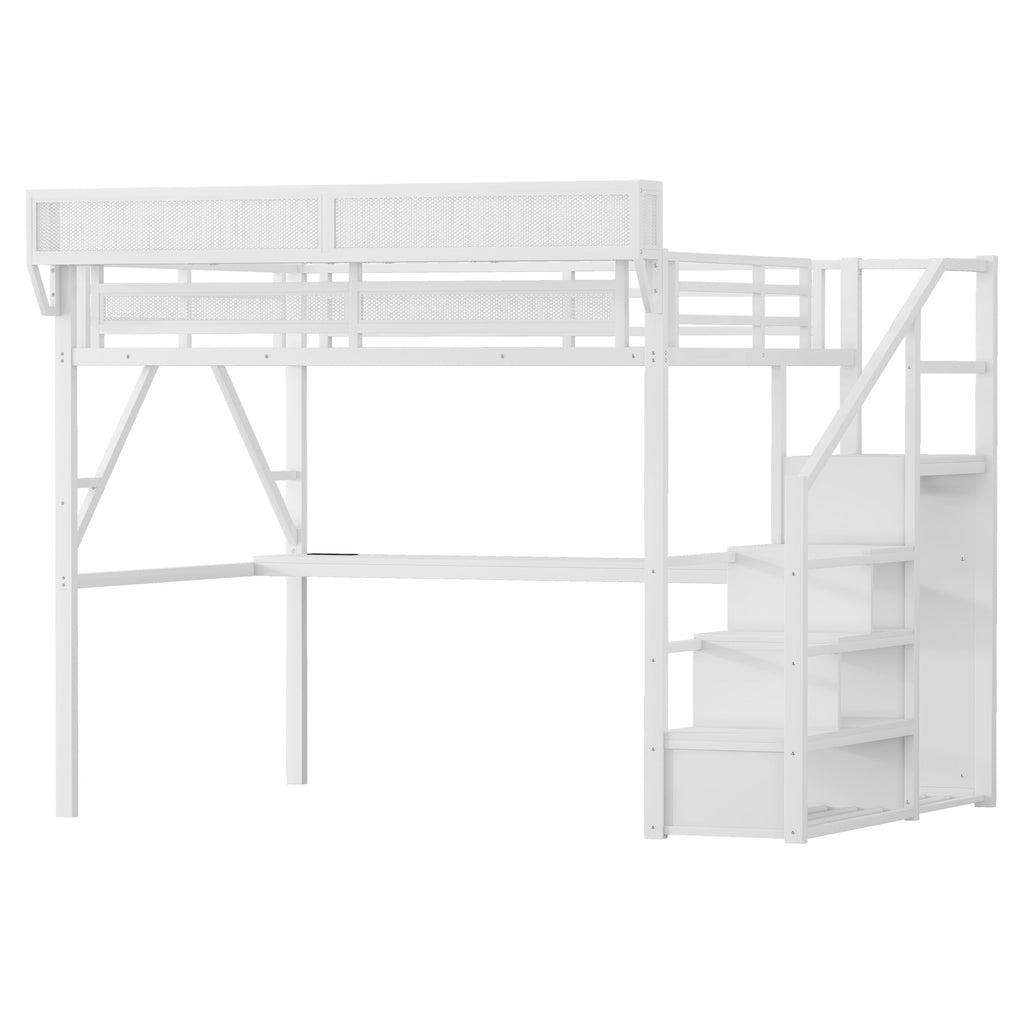 Queen Loft Bed with Desk and Charging Station, Queen Size Metal Loft Bed with Stairs and Light for Kids Teens,White(Old SKU W2580S00033)