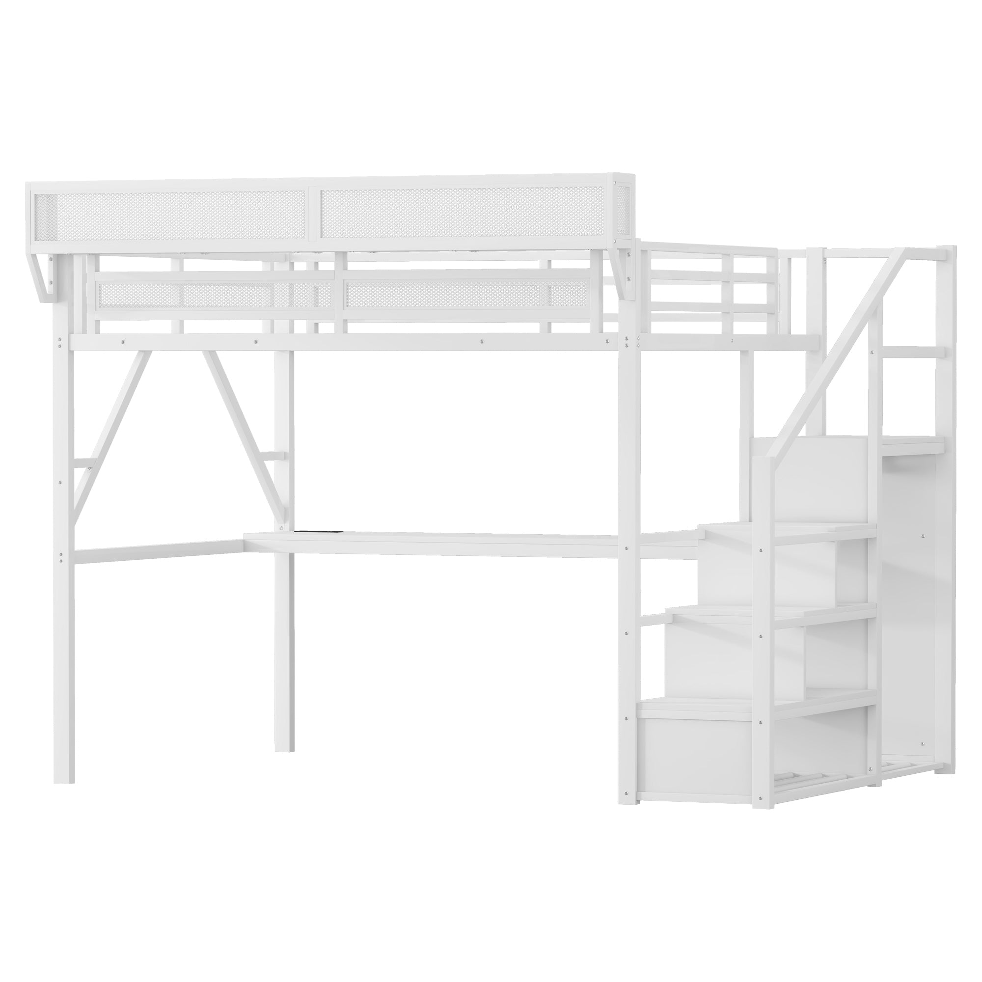 Queen Loft Bed with Desk and Charging Station, Queen Size Metal Loft Bed with Stairs and Light for Kids Teens,White(Old SKU W2580S00033)