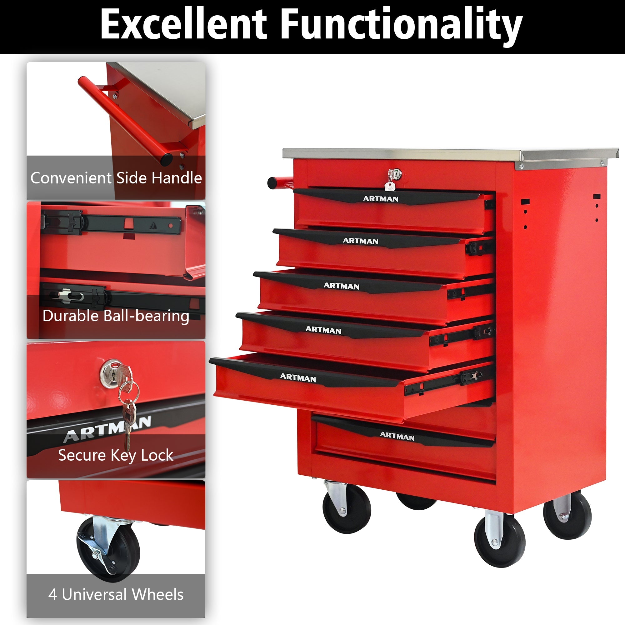 7 Drawers Multifunctional Tool Cart with Wheels,Metal Rolling Tool Cart Storage for Garage Workshop Warehouse Repair Shop--With Stainless Steel Roof- Red&Black