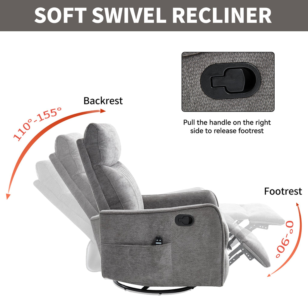 Dark Grey Heat Massage Manual Recliner Chair with Rocker and Swivel in Fabric for Living Room