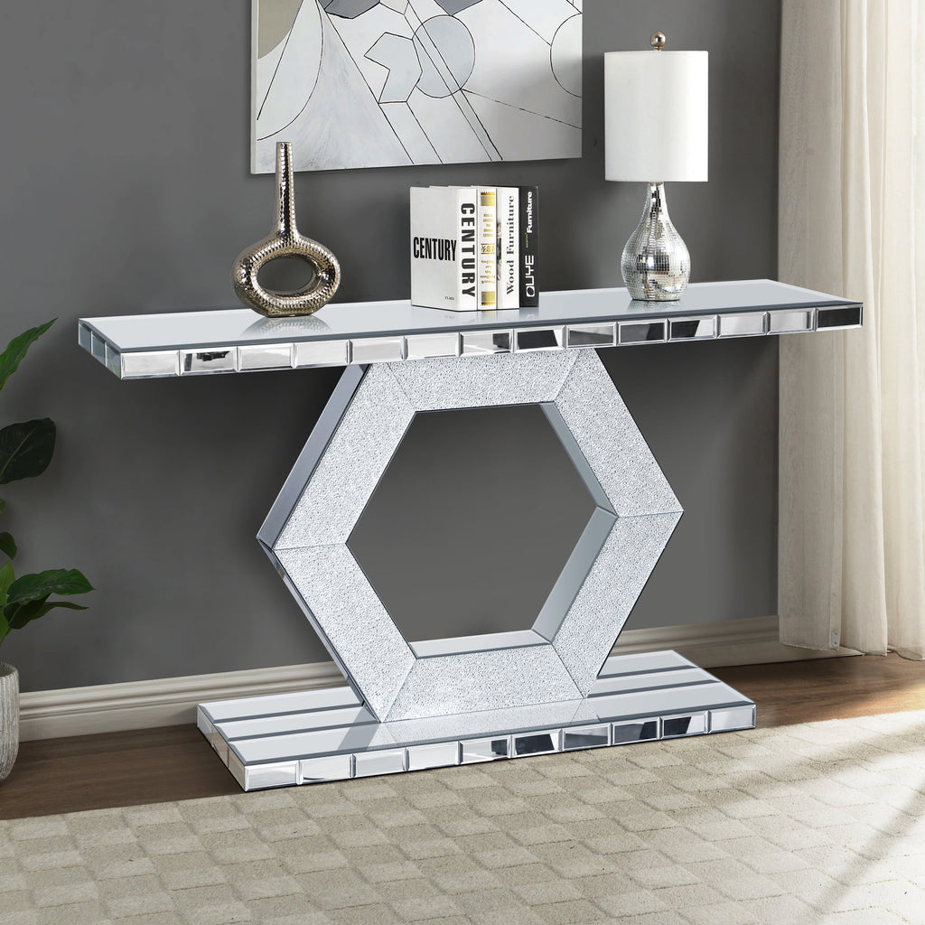 Sparkling Crystal Hexagon Mirror Entryway - Premium Modern Foyer Console Table with Diamond Glass Effects, Dual-Tier Luxury Sofa Table