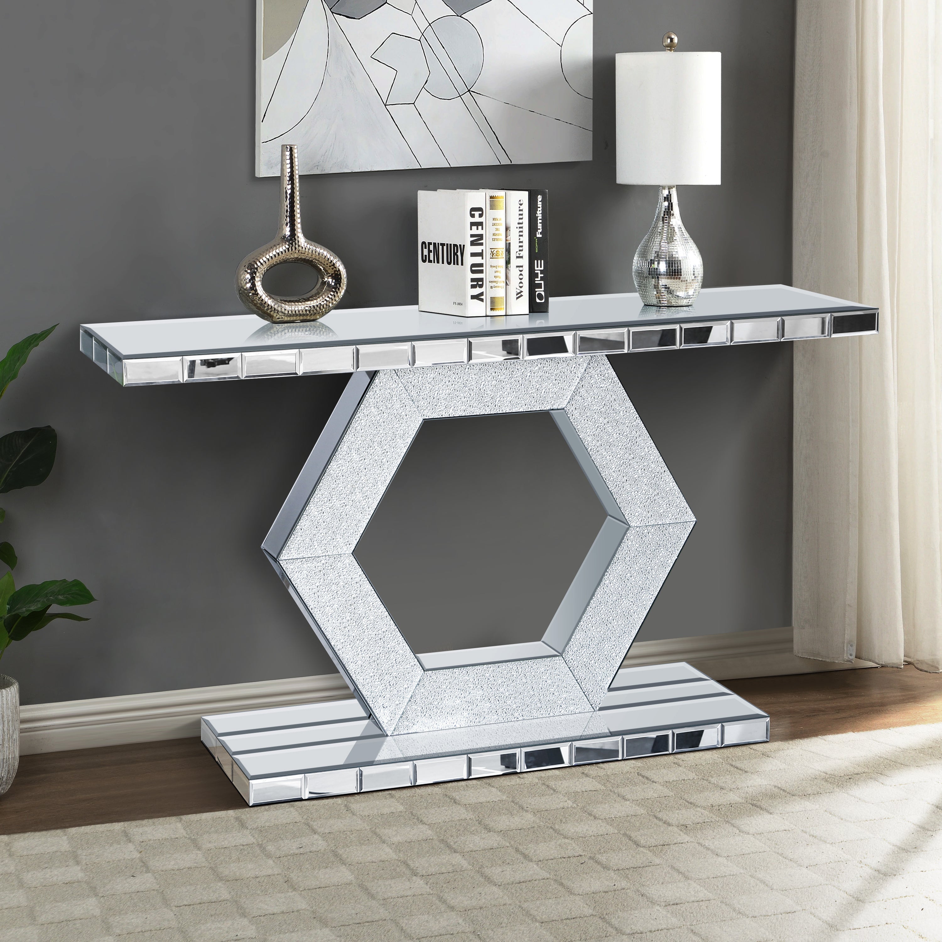 Sparkling Crystal Hexagon Mirror Entryway - Premium Modern Foyer Console Table with Diamond Glass Effects, Dual-Tier Luxury Sofa Table