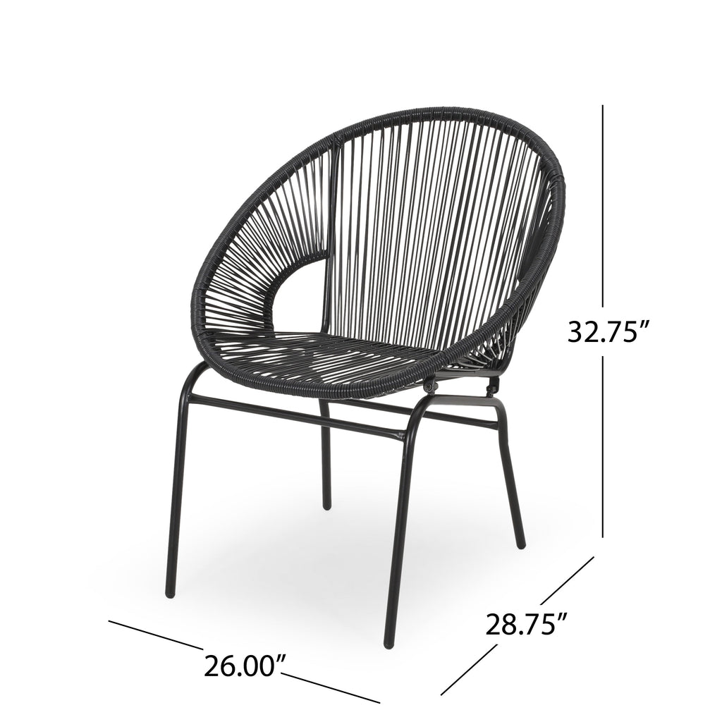 Outdoor Faux Rattan/Iron Metal Club Chair, Set of 2, Black