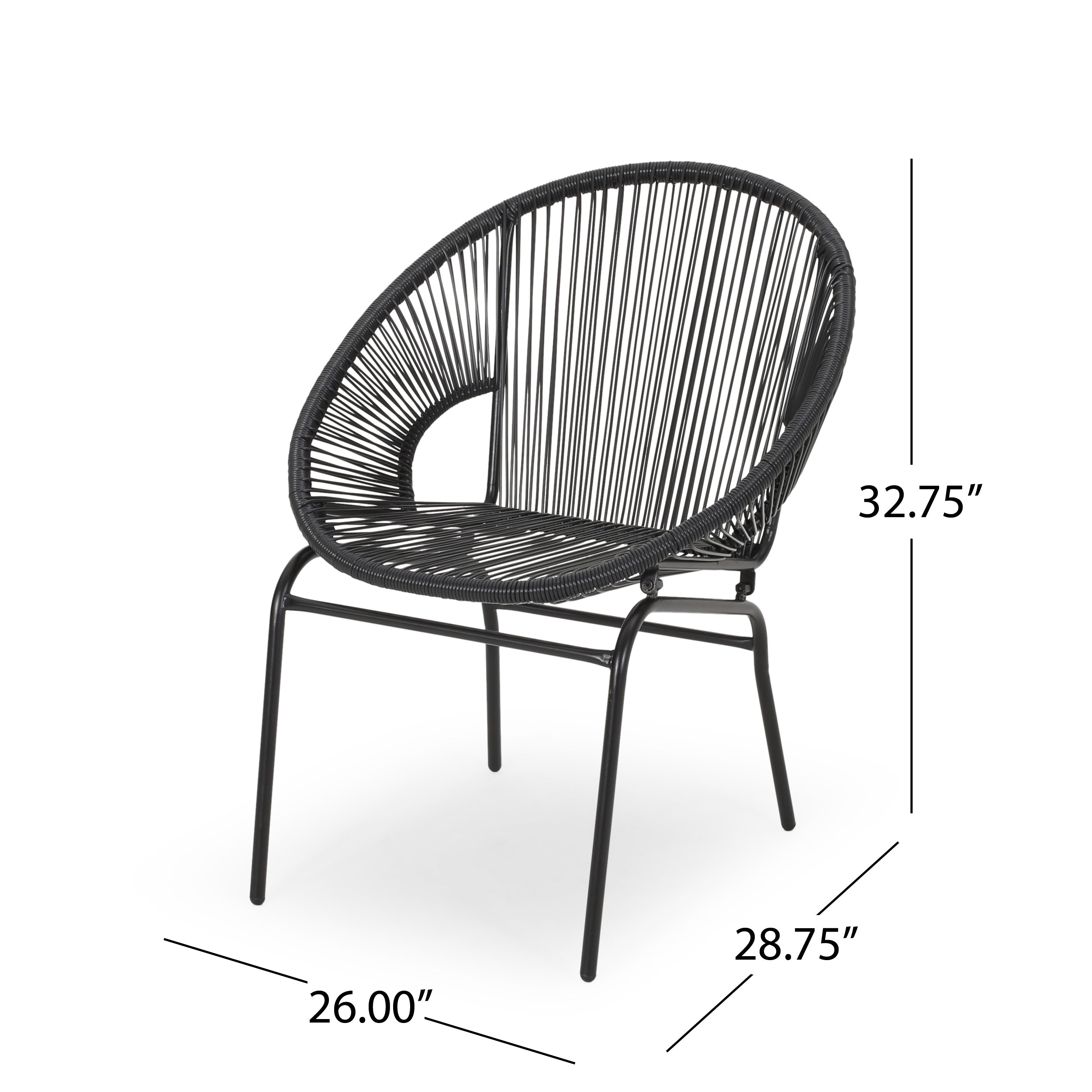 Outdoor Faux Rattan/Iron Metal Club Chair, Set of 2, Black
