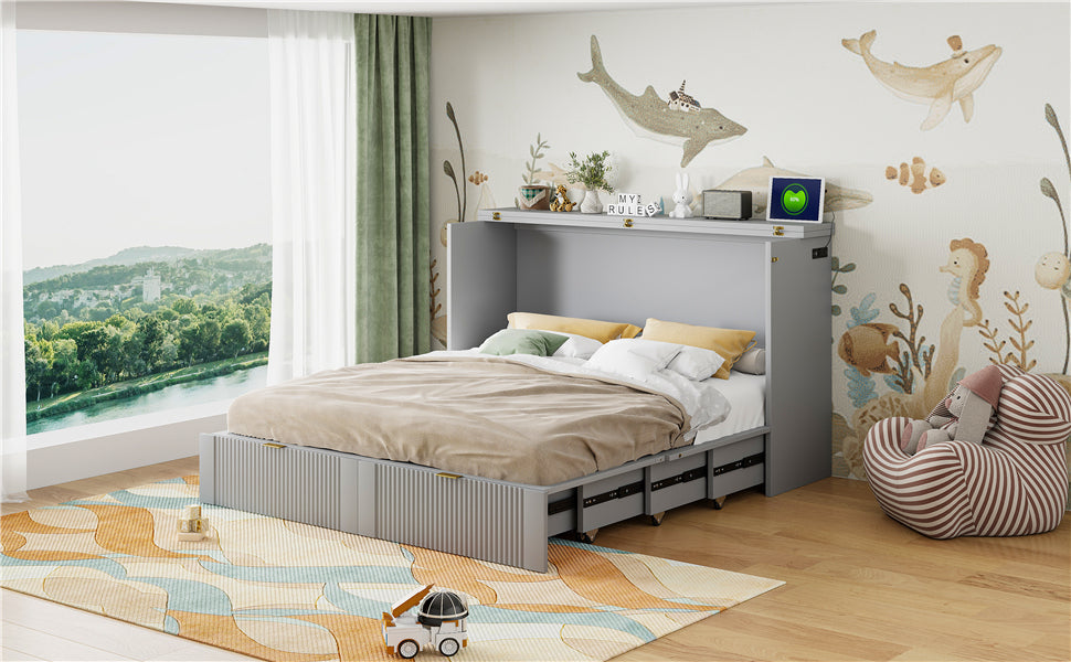 Queen Size Murphy  Bed with drawer and a set of Sockets & USB Ports, Pulley Structure Design, Gray