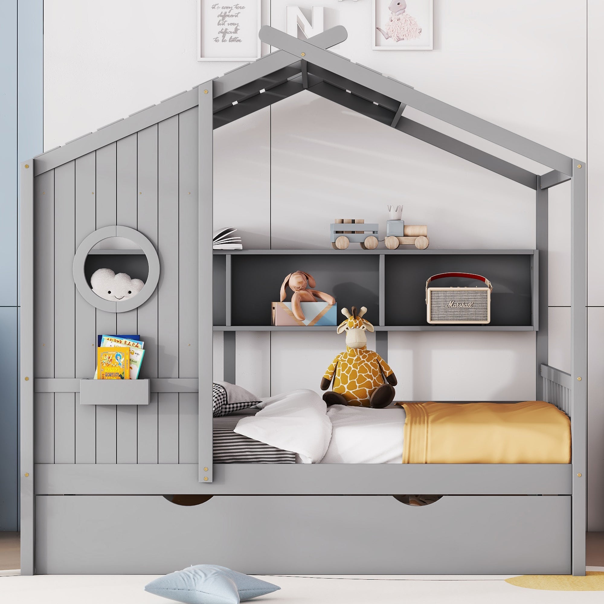Wooden Full Size House Bed With Trundle, Modern Design for Kids with Storage Shlef, Gray(old SKU HL000095AAE)