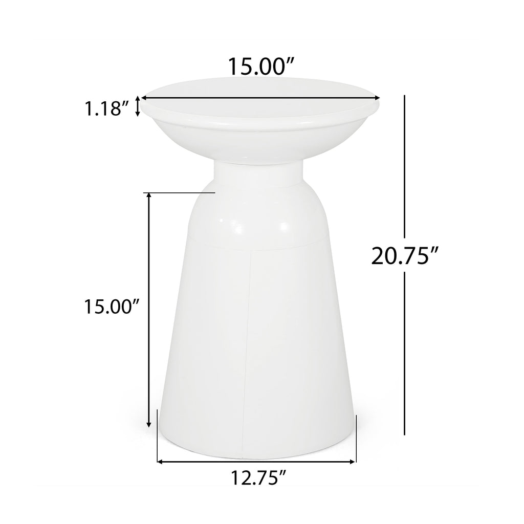 Modern Outdoor Metal End Table with Pedestal Design in White, Iron, 15 x 15 x 20.75 Inches