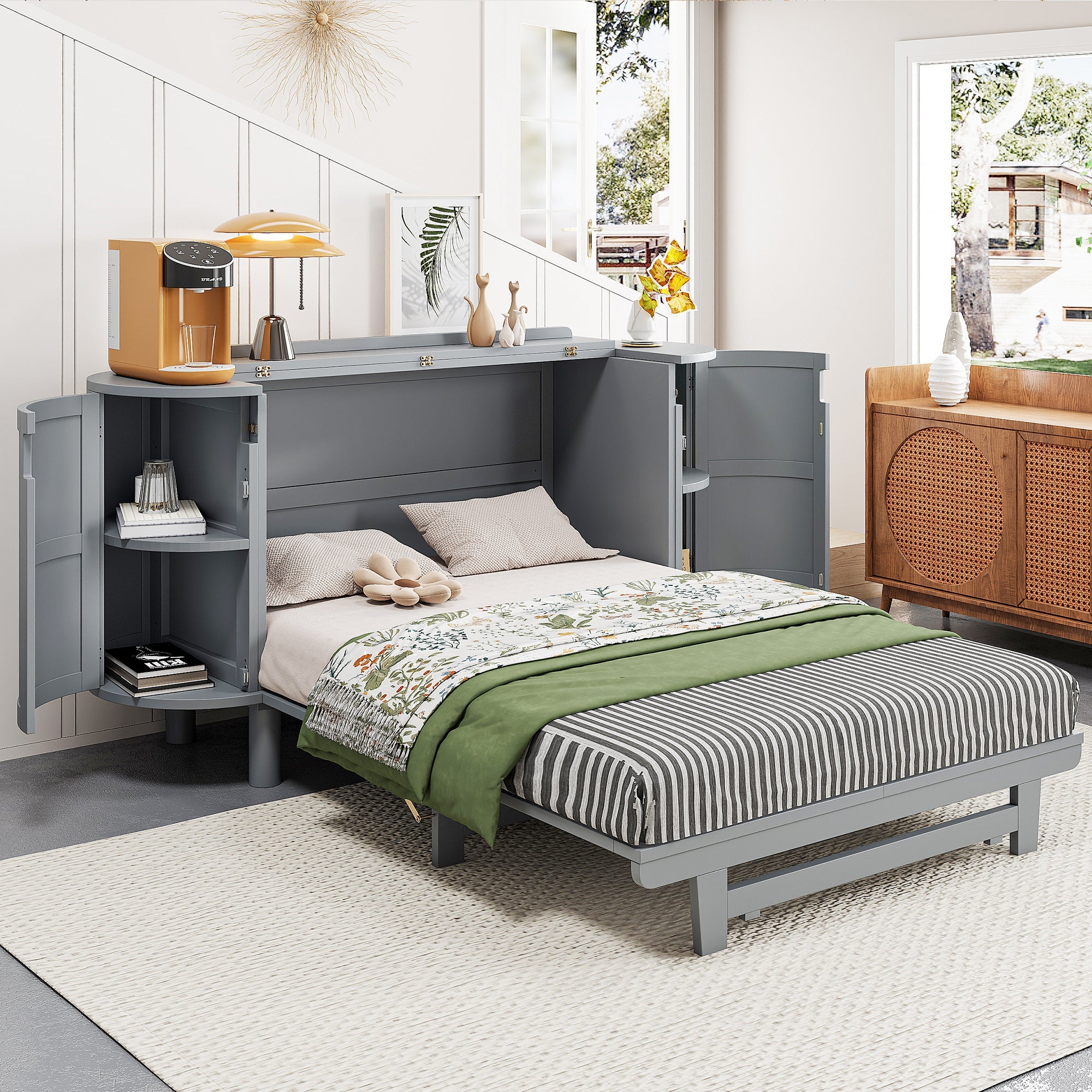 Full Murphy Bed with Hidden Storage & Modern Woven Design,Gray