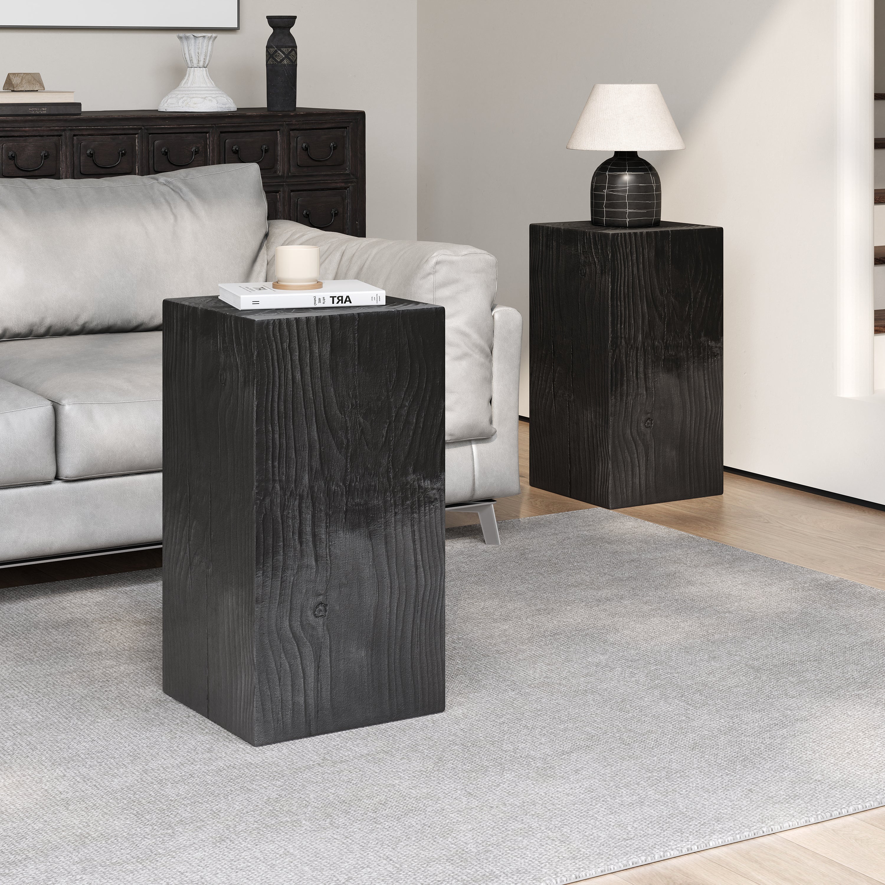 Wood-Look Square-Column MGO End Table,  H27.75',Wood-Like Distressed Finish, Mix with Different Heights, Indoor Outdoor Use,Black Color