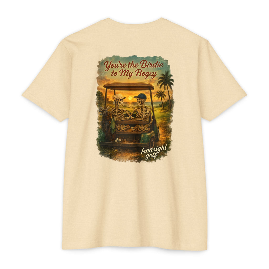 Birdie to My Bogey T-Shirt — Skeleton Couple in Golf Cart Tropical Sunset
