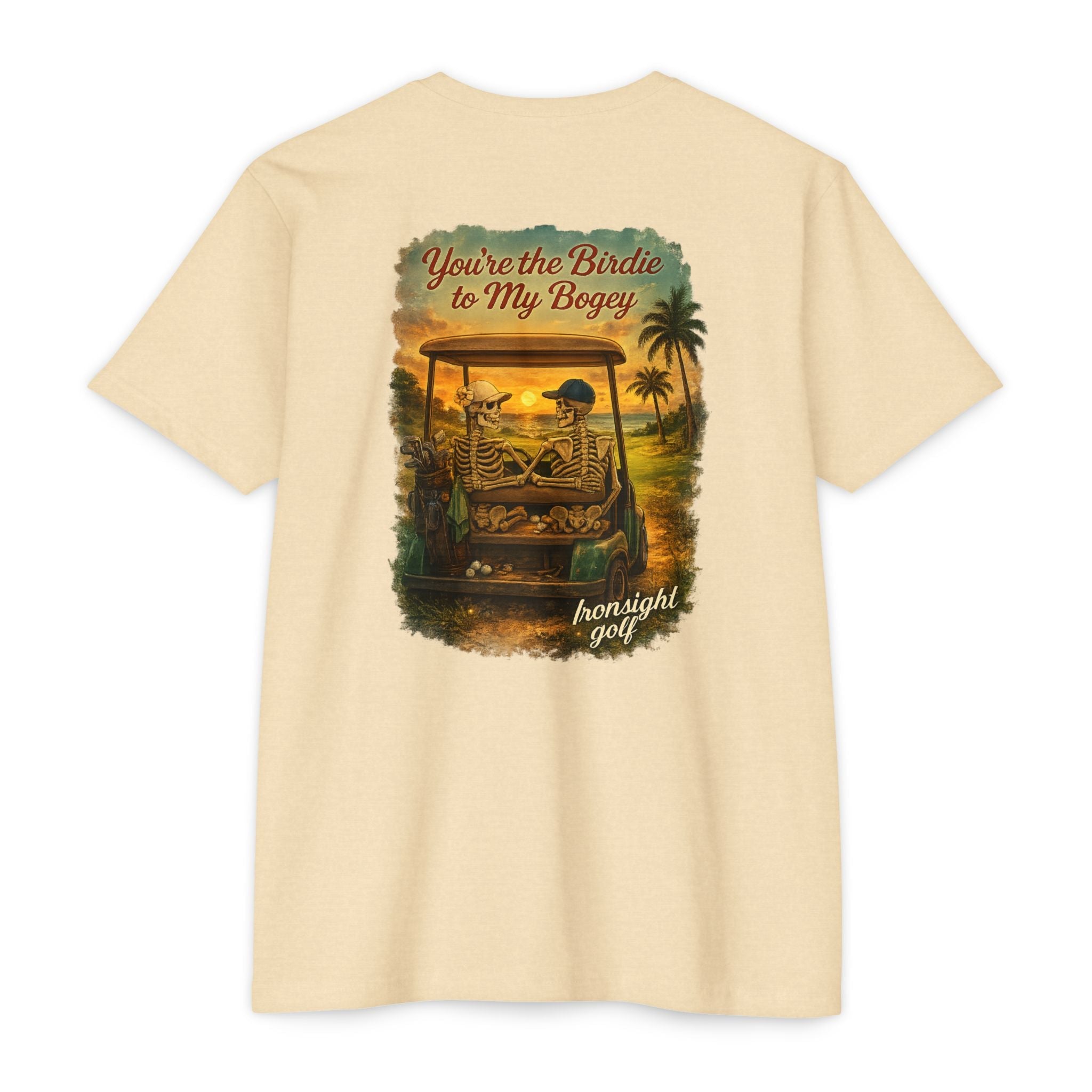 Birdie to My Bogey T-Shirt — Skeleton Couple in Golf Cart Tropical Sunset