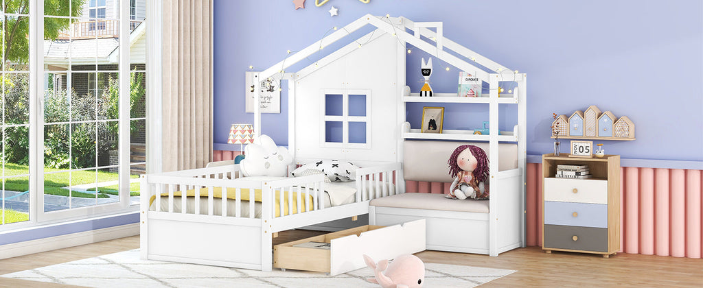 Twin Size House Bed with Sofa, Kids Platform Bed with Two Drawers and Storage Shelf, White (Old SKU:HL000065AAK)