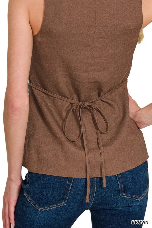 Zenana Linen Tie-back 4-button Vest with Lining