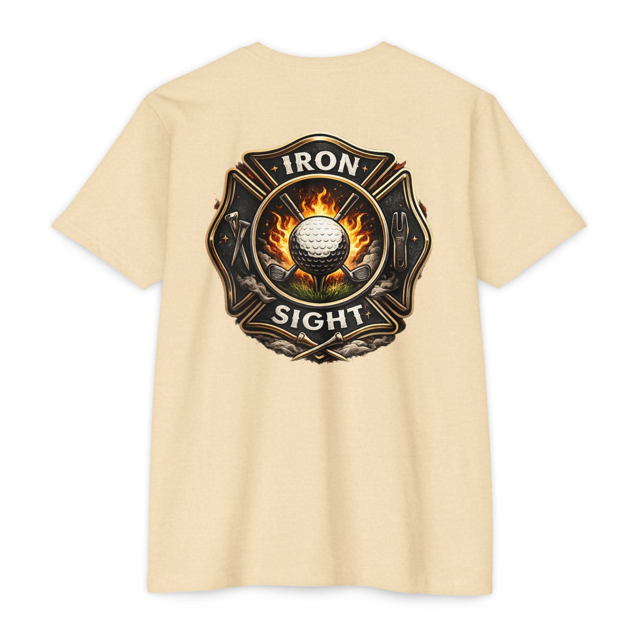 Iron Sight Golf T‑Shirt — Vintage Fire Fighter Golfing Crew Tee