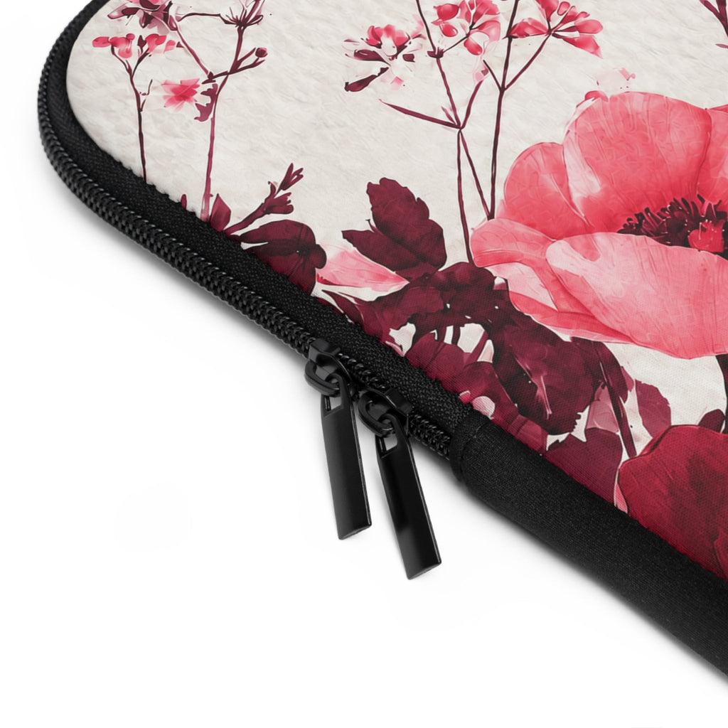 Pink Poppy Watercolor Laptop Sleeve | Floral Bee Tech Cover for Women