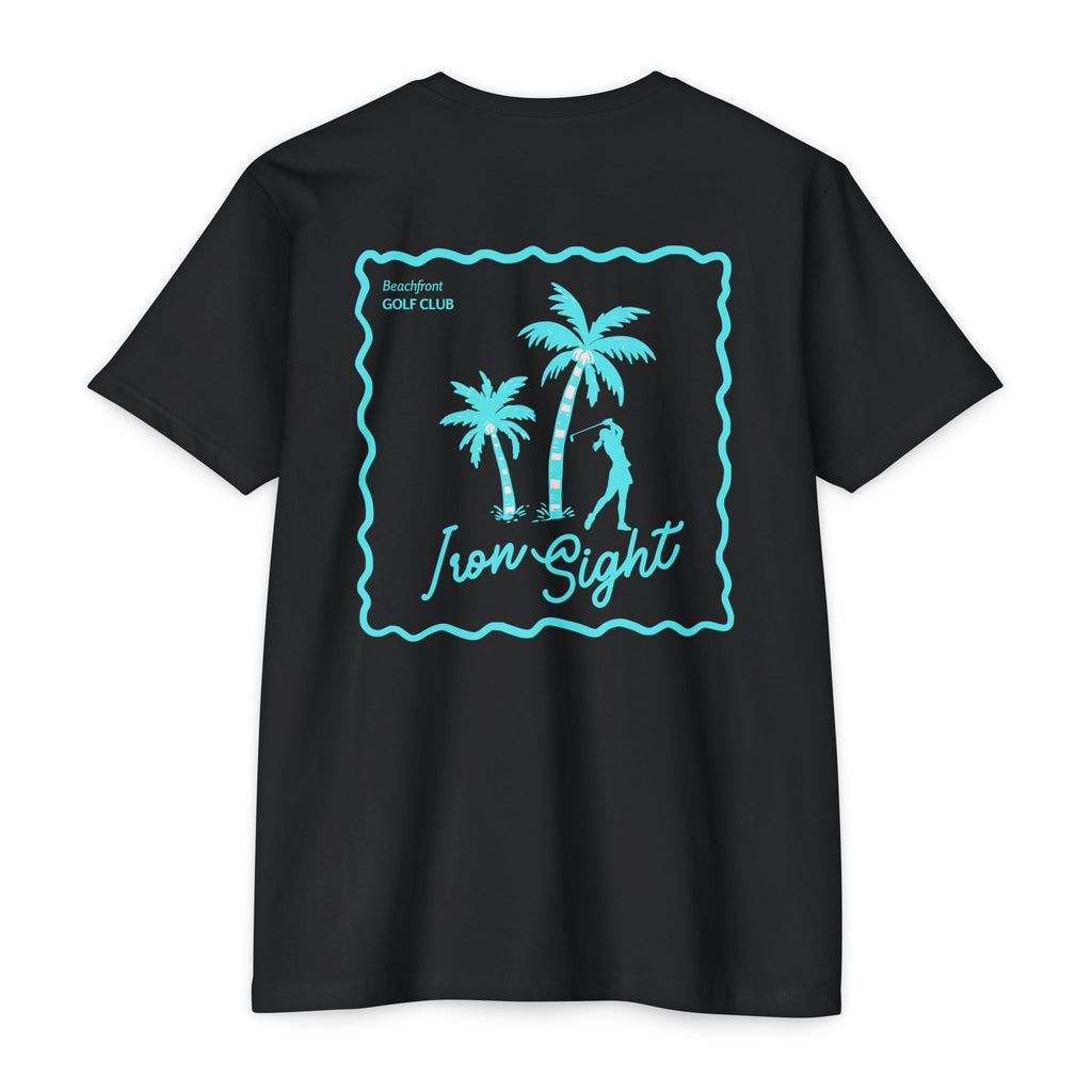 Beachfront Golf Club Stamp T-Shirt — Female Golfer Tropical Iron Sight Design
