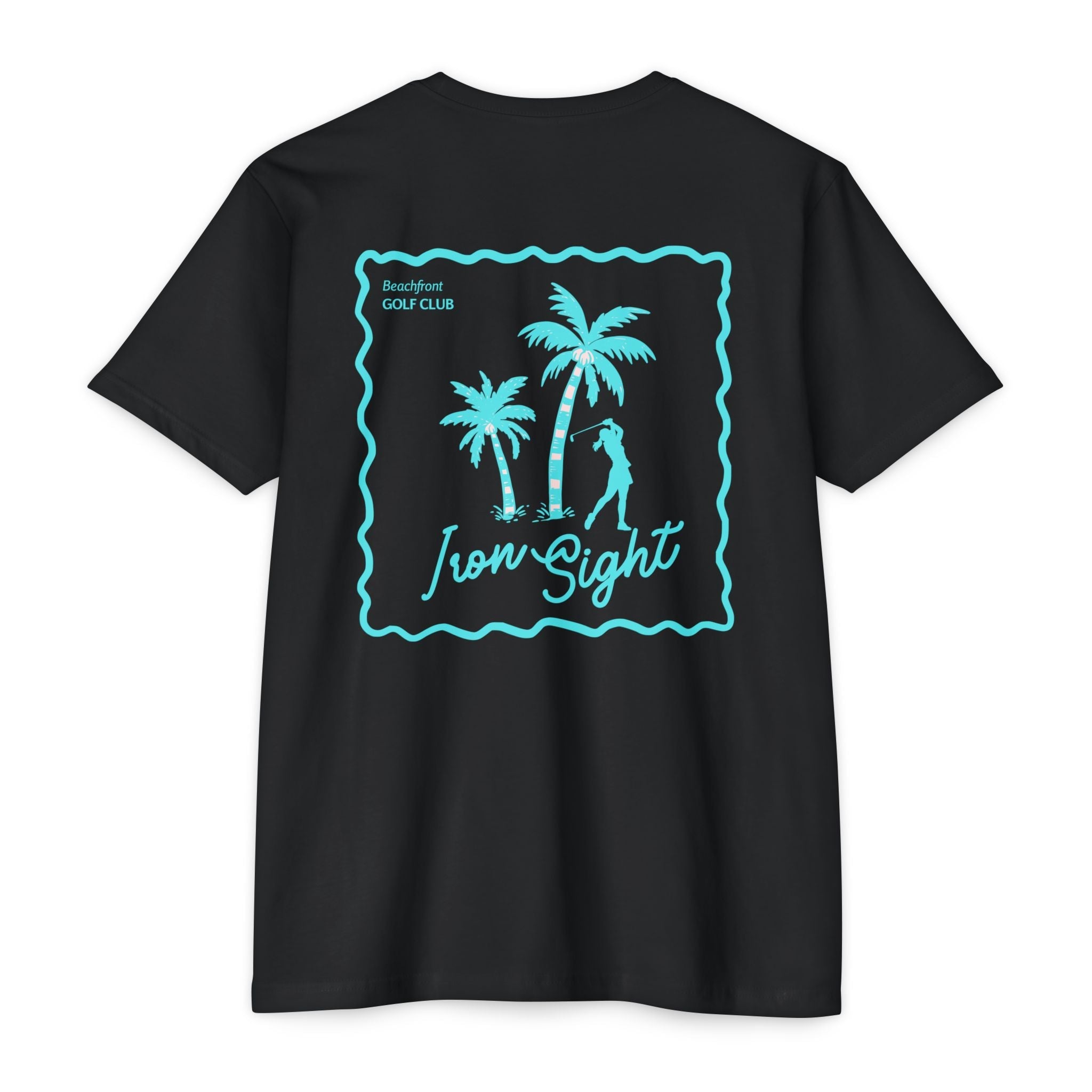 Beachfront Golf Club Stamp T-Shirt — Female Golfer Tropical Iron Sight Design