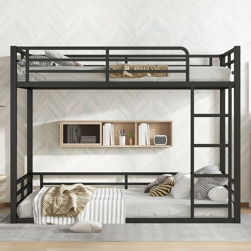 Metal Bunk Bed, Full over Full Floor Bunk Bed Frame,Heavy-Duty Bunk Bed for Kids, Teens, Adults, Noise-reduced Design, Black