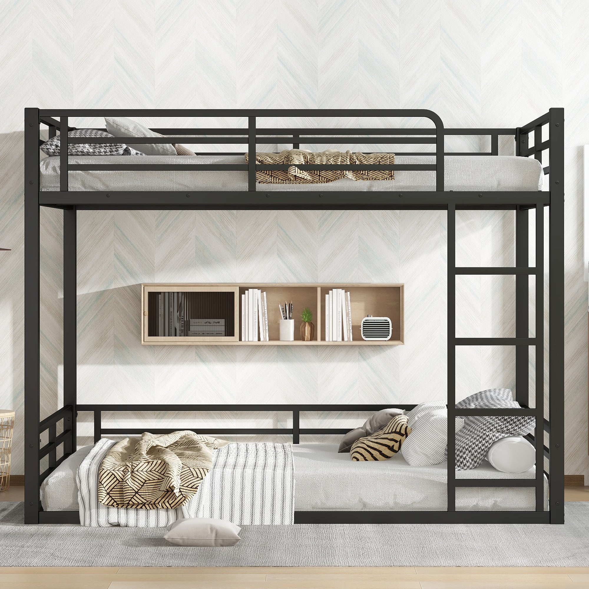 Metal Bunk Bed, Full over Full Floor Bunk Bed Frame,Heavy-Duty Bunk Bed for Kids, Teens, Adults, Noise-reduced Design, Black