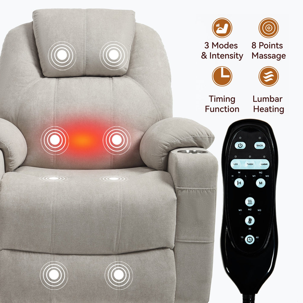Up to 350 LBS polyester Power Lift Recliner Chair, Heavy Duty Motion Mechanism with 8-Point Vibration Massage and Lumbar Heating, USB and Type-C Ports, Stainless Steel Cup Holders, Beige