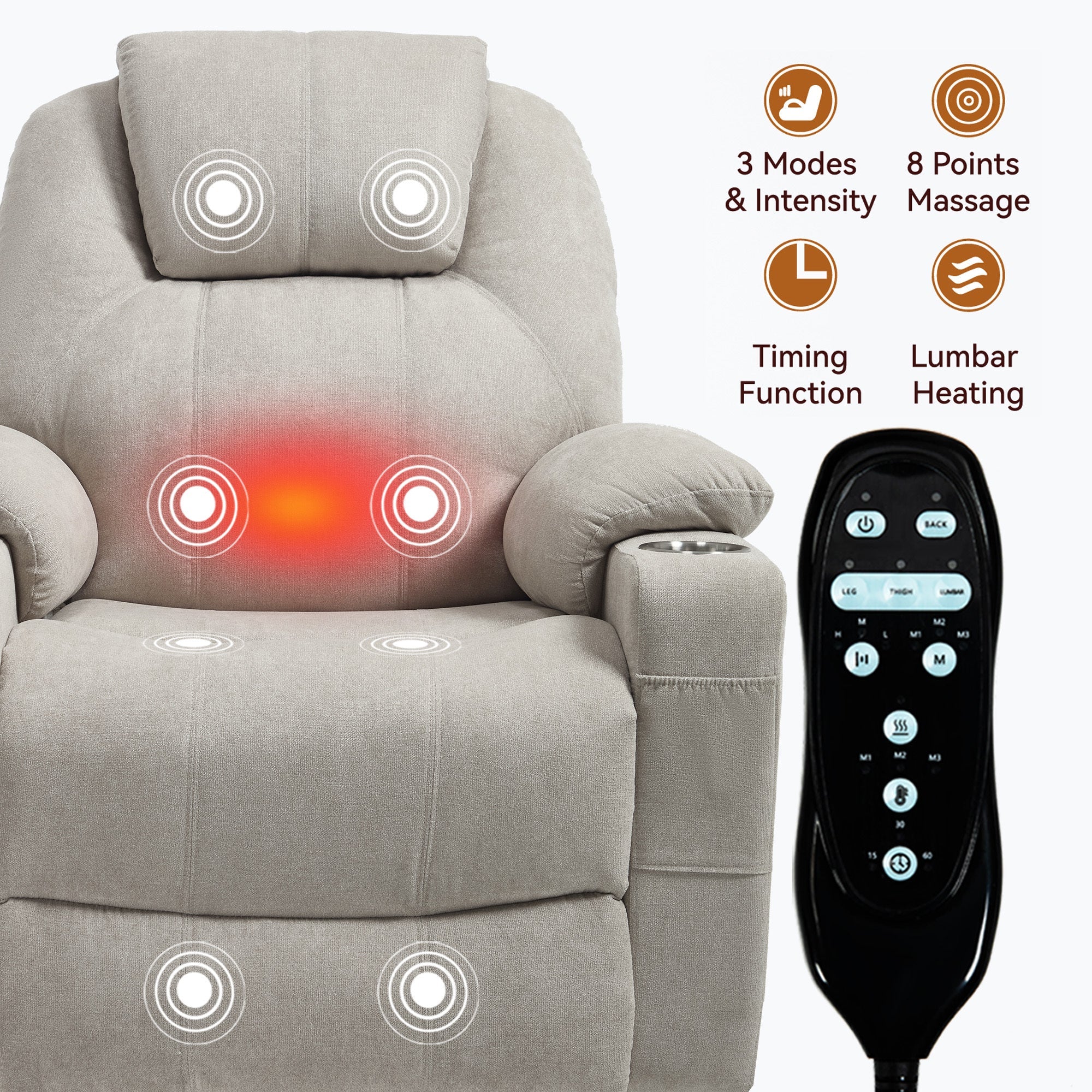 Up to 350 LBS polyester Power Lift Recliner Chair, Heavy Duty Motion Mechanism with 8-Point Vibration Massage and Lumbar Heating, USB and Type-C Ports, Stainless Steel Cup Holders, Beige