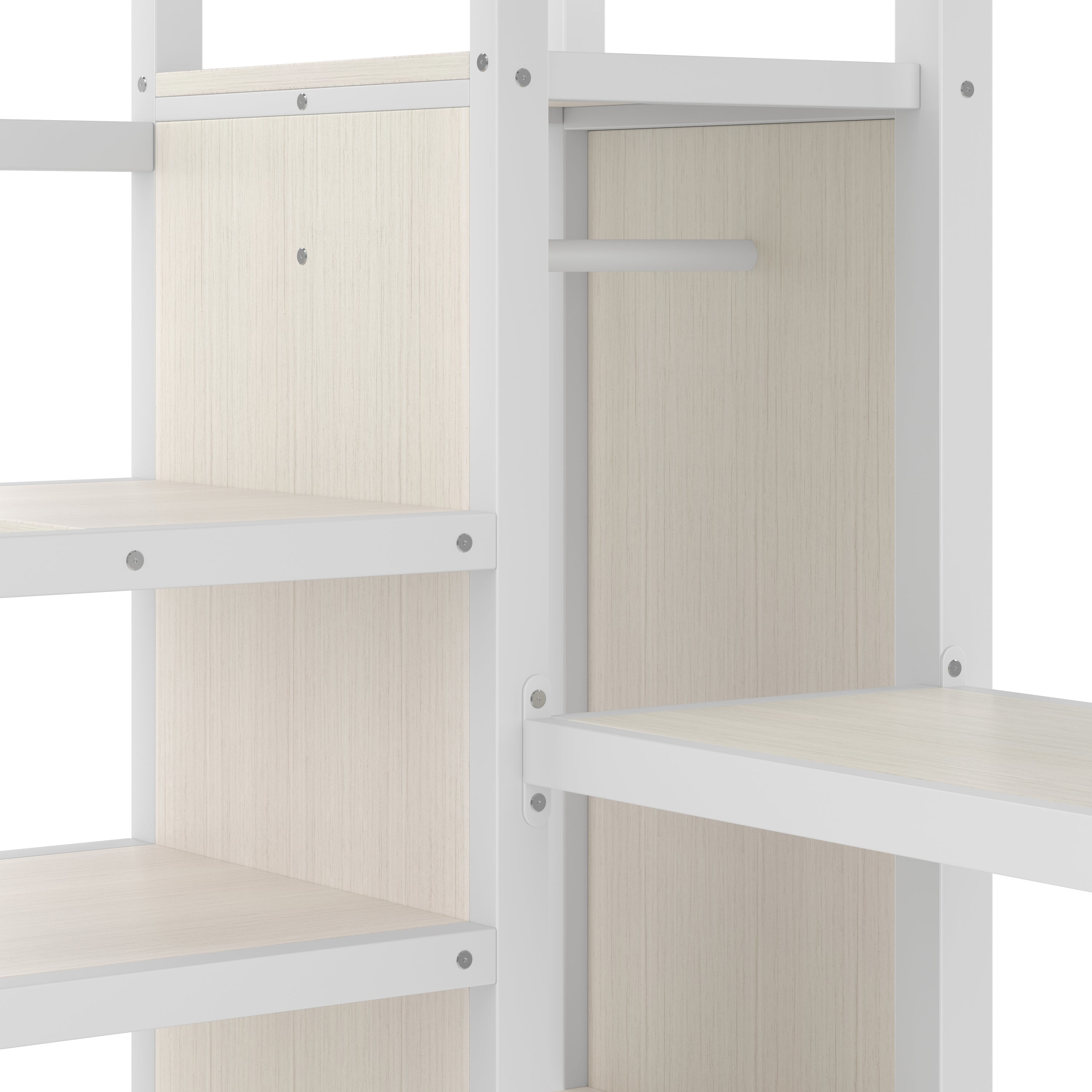 Queen Size Loft Bed with L-shaped Desk and USB, Metal Loft Bed with Wardrobe and Adjustable Shelf, High Loft Bed with LED for Kids Teens Adults, White Wood-grain