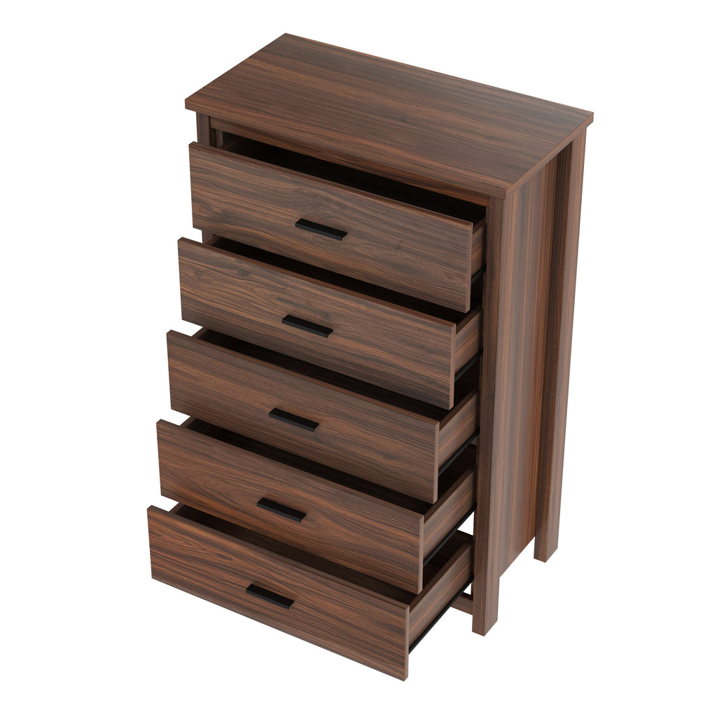 4PCS Bedroom Sets, Wooden Queen Size Bed Frame with Storage Headboard and Charging Station, 2 Nightstands with 2 Drawers, 1 Dresser with 5 Drawers, Walnut(old SKU HL000102AAD)