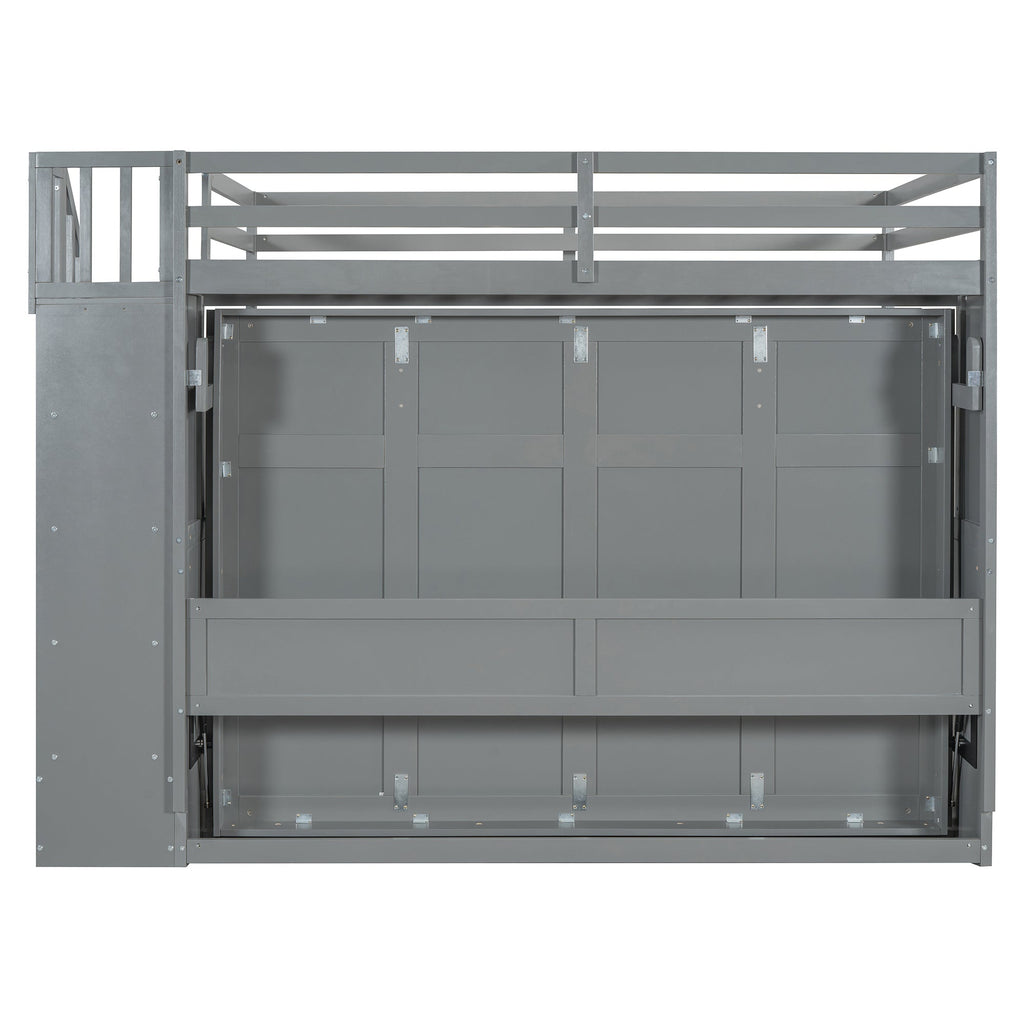 Full Over Full Size Murphy Bed with Hydraulic Lift & Desk Design, Gray