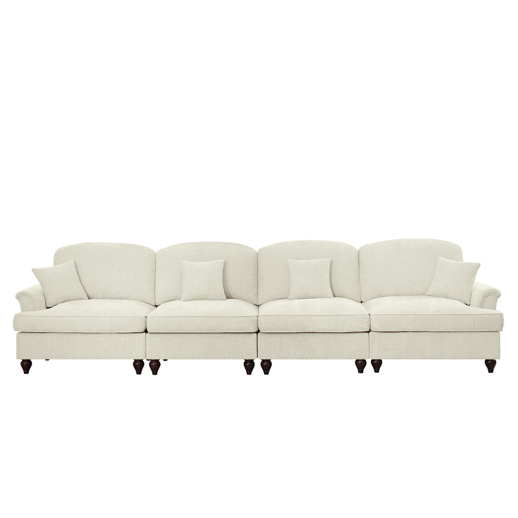 Elegant Mid Century Large 4 Seater Sofa Couch with Flared Arms and Removable Ruffles Pleats Skirts and Spindle Legs, Comfy Chenille Four-Seat Sofa for Living Room, Beige White