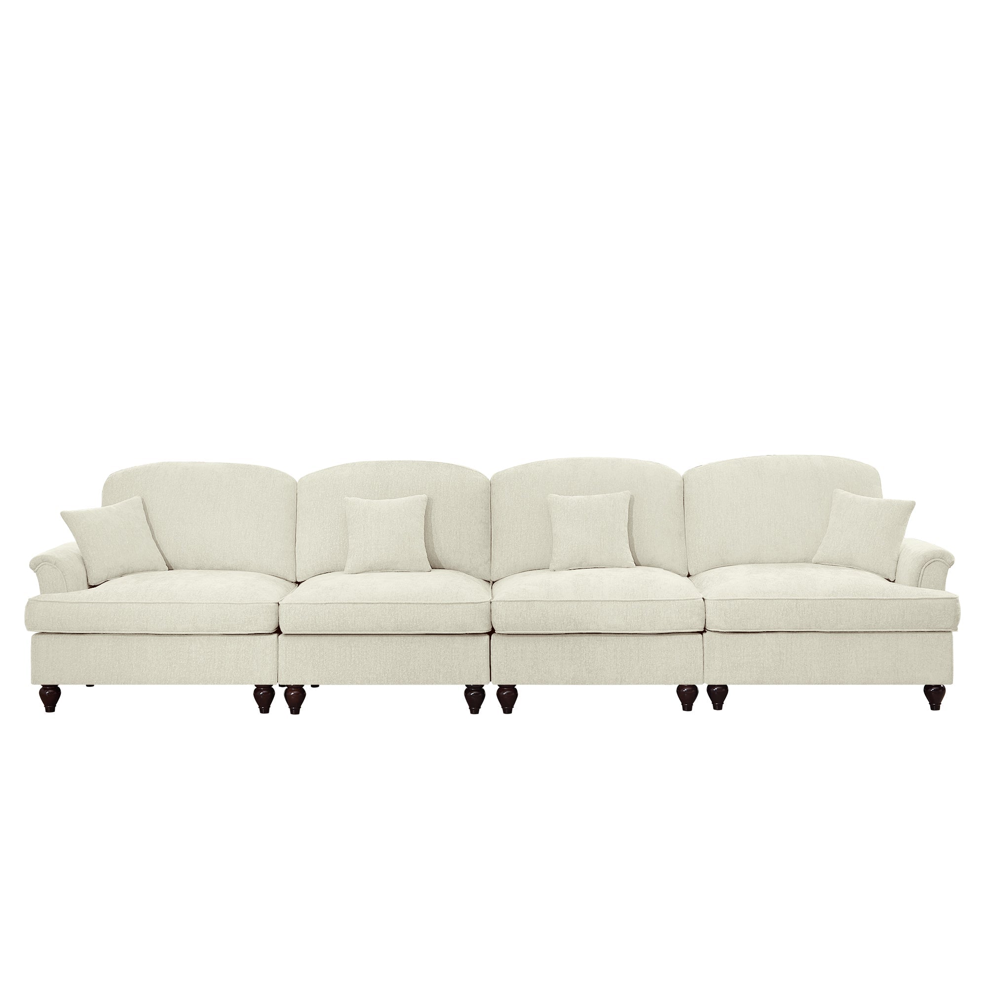 Elegant Mid Century Large 4 Seater Sofa Couch with Flared Arms and Removable Ruffles Pleats Skirts and Spindle Legs, Comfy Chenille Four-Seat Sofa for Living Room, Beige White