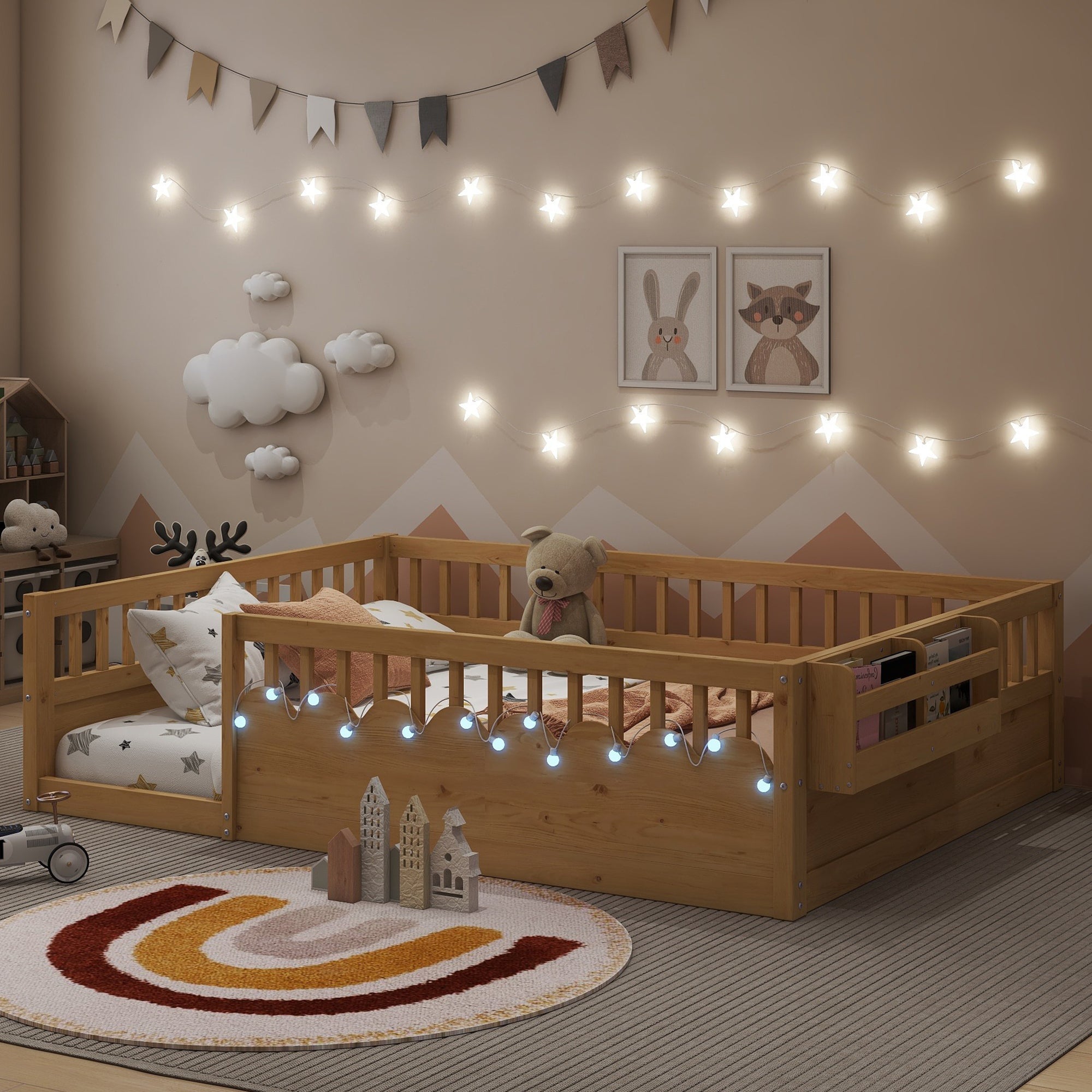 Full Montessori Floor Bed Frame with High Rails, Wood Kids Floor Beds with Light and Storage Shelf, Natural (Expect Arrival Date 2025/8/15)
