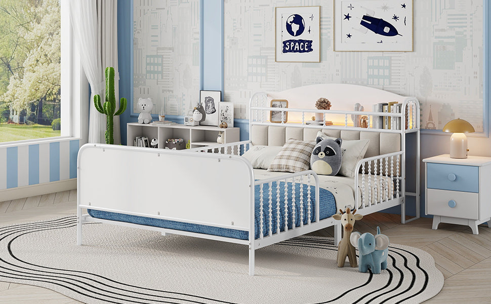 Full Size Metal Platform Bed Frame with Light, Kids Full Metal Bed with Upholstered and Storage Headboard, White (Expect Arrival Date 2025/10/5)