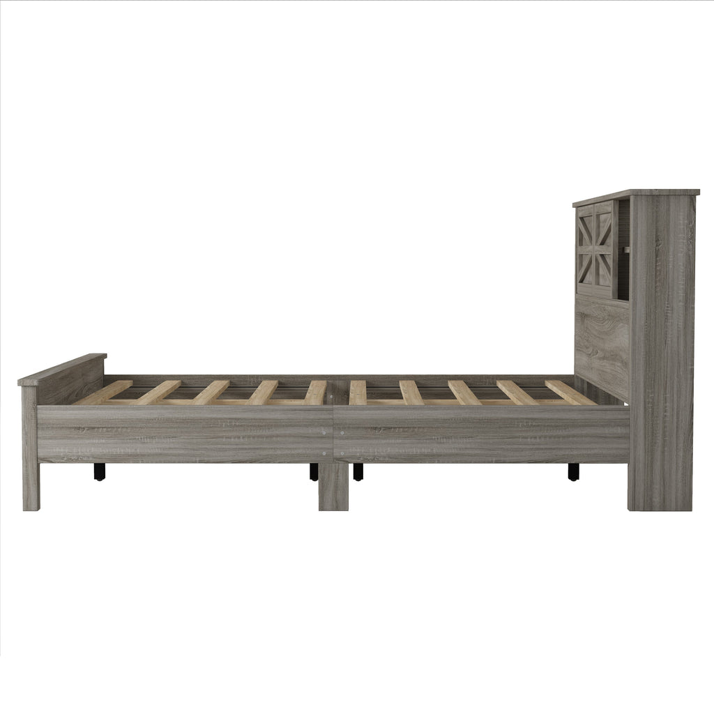 3-Pieces Bedroom Sets Queen Size Farmhouse Platform Bed with Double Sliding Door Storage Headboard and Charging Station, Storage Nightstand and Dresser, Antique Gray(Old SKU HL000092AAG)