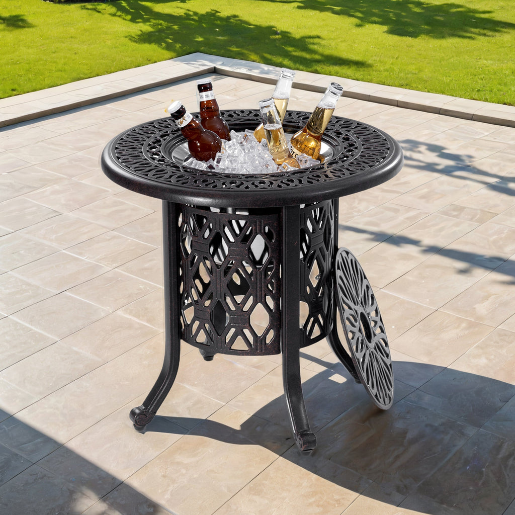 21-Inch Side Table with Removable Ice Bucket, Antique Bronze Aluminum Frame, Hand-Brushed Finish, Food-Grade Stainless Steel Bucket for Indoor & Outdoor Use