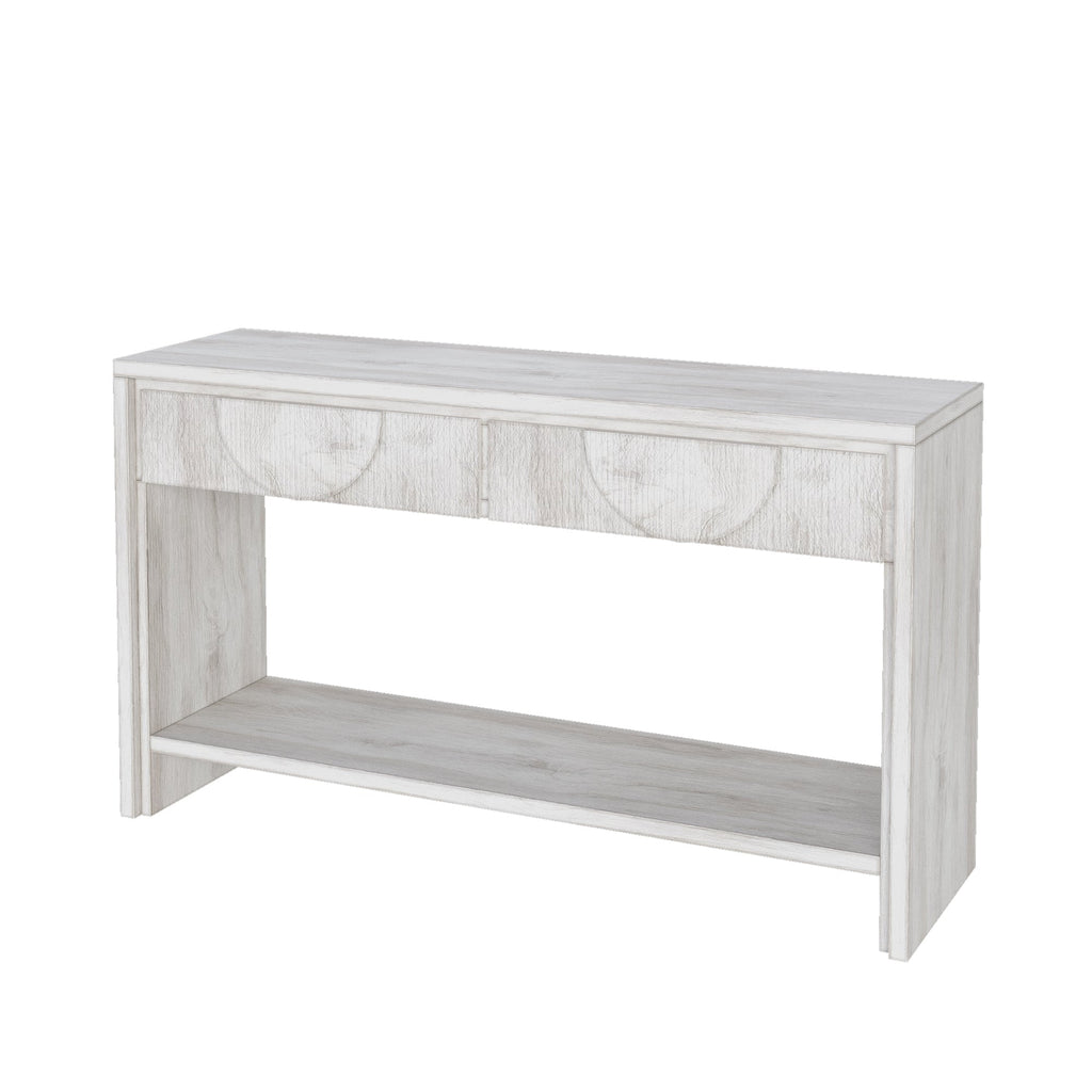 Farmhouse Style Console Table – 55.12' Long Distressed Wood Sofa Table with Storage Drawers & Open Shelf - White