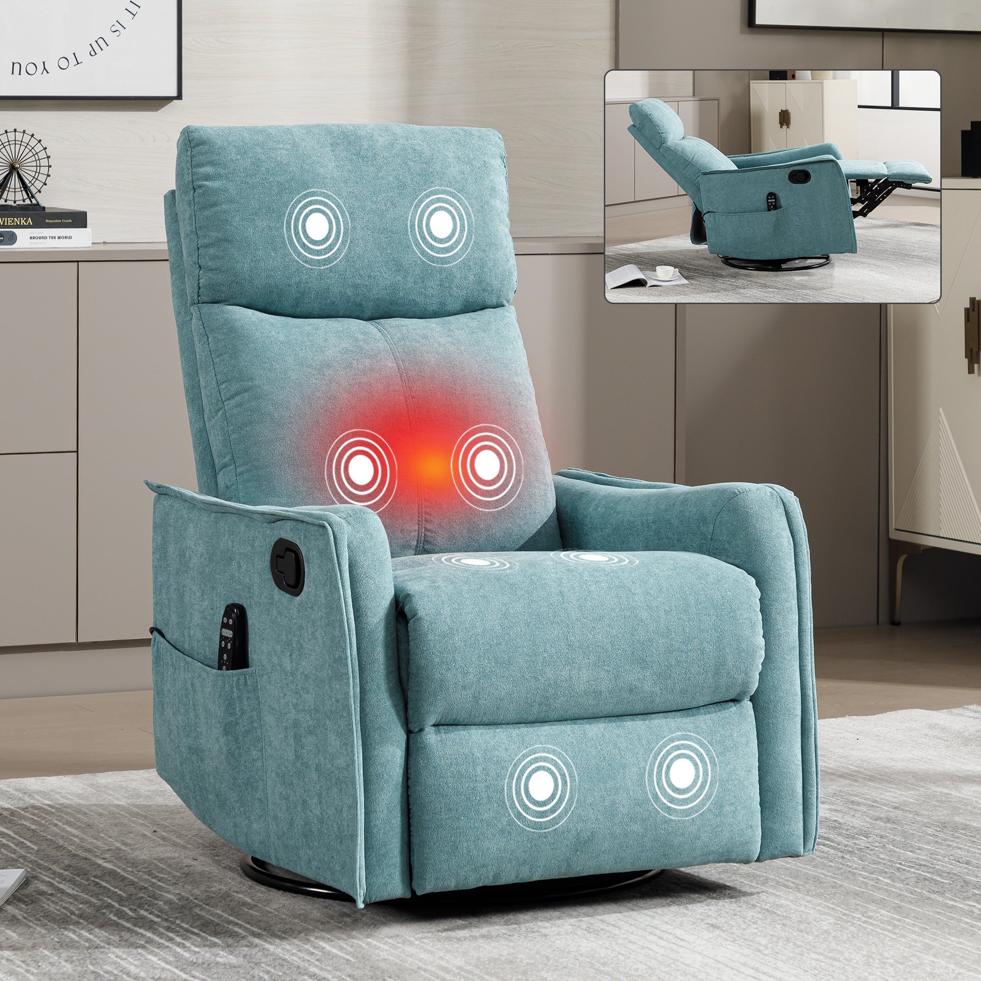 Heat Massage Manual Recliner Chair with Rocker and Swivel in Fabric for Living Room, Blue-Green