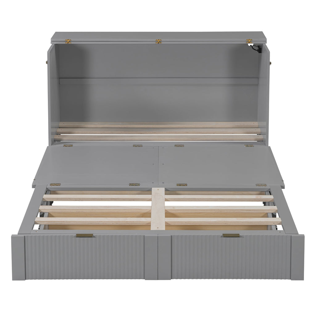 Queen Size Murphy  Bed with drawer and a set of Sockets & USB Ports, Pulley Structure Design, Gray