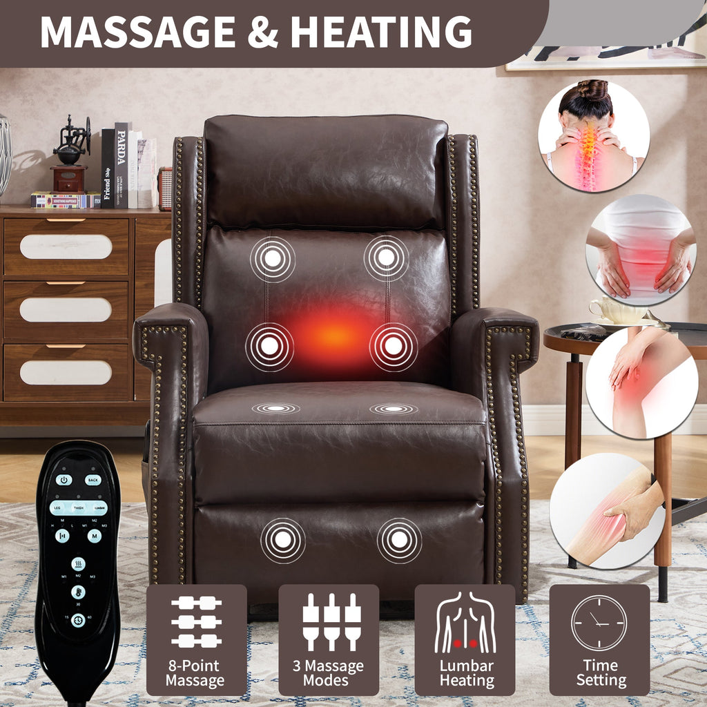 Brown Manual Recliner Chair in Faux Leather for Living Room with Heavy Duty Motion Mechanism, 8 vibrating nodes and 3 massage modes