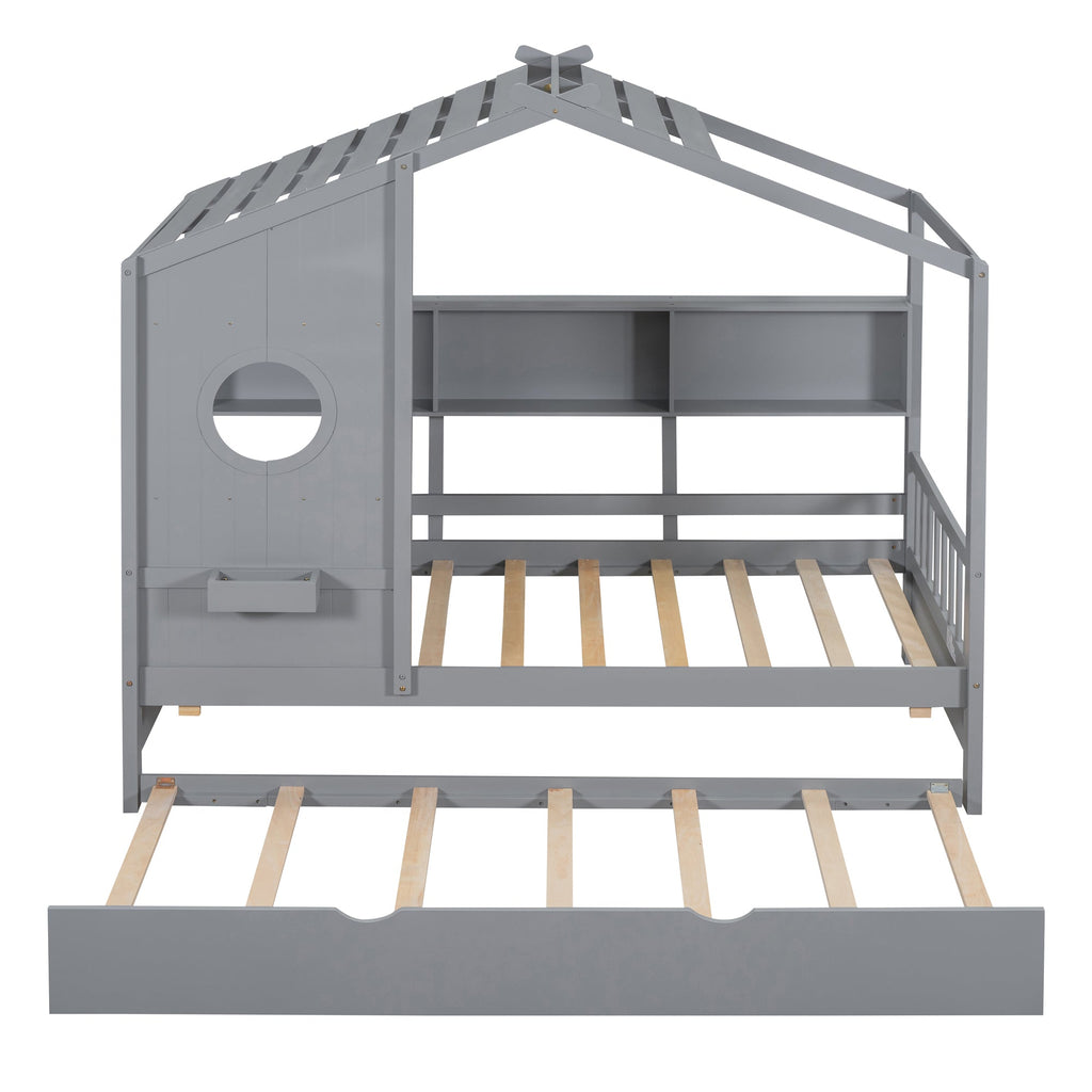 Wooden Twin Size House Bed With Trundle, Modern Design for Kids with Storage Shlef, Gray(old SKU HL000094AAE)