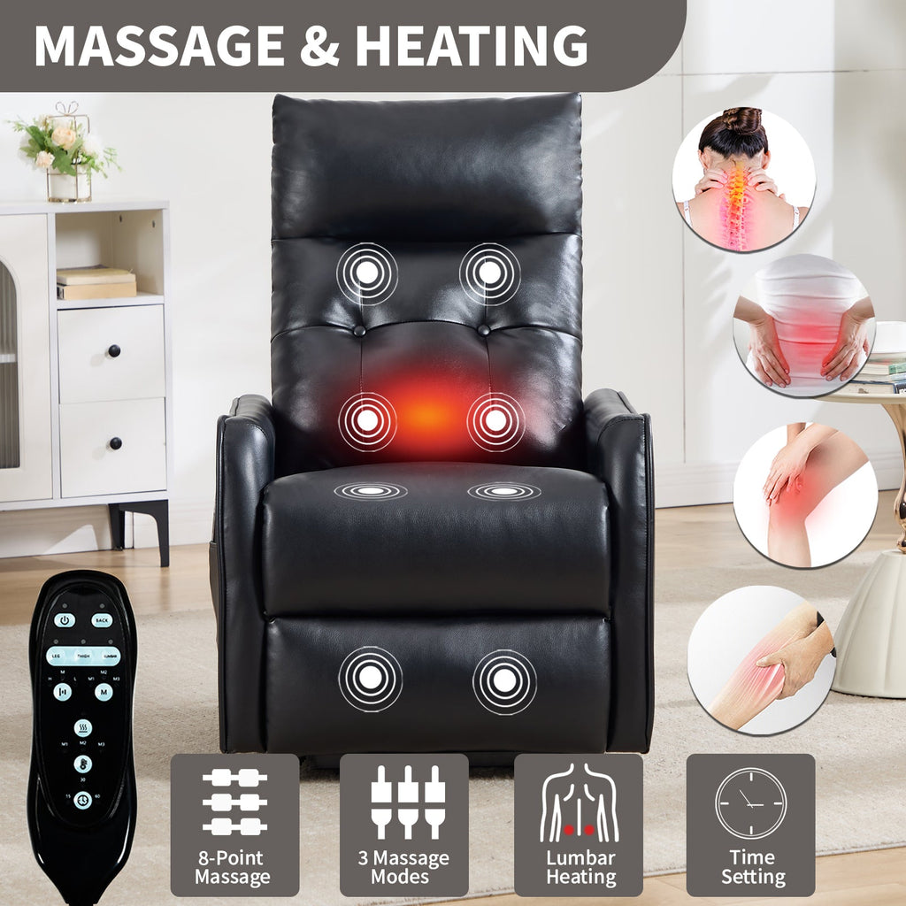 Black PU Single Motor Power Lift Recliner Chair with Massage and Heat for Elderly, Heavy Duty Motion Mechanism and One USB for Charging, Max Reclining Angle 155°