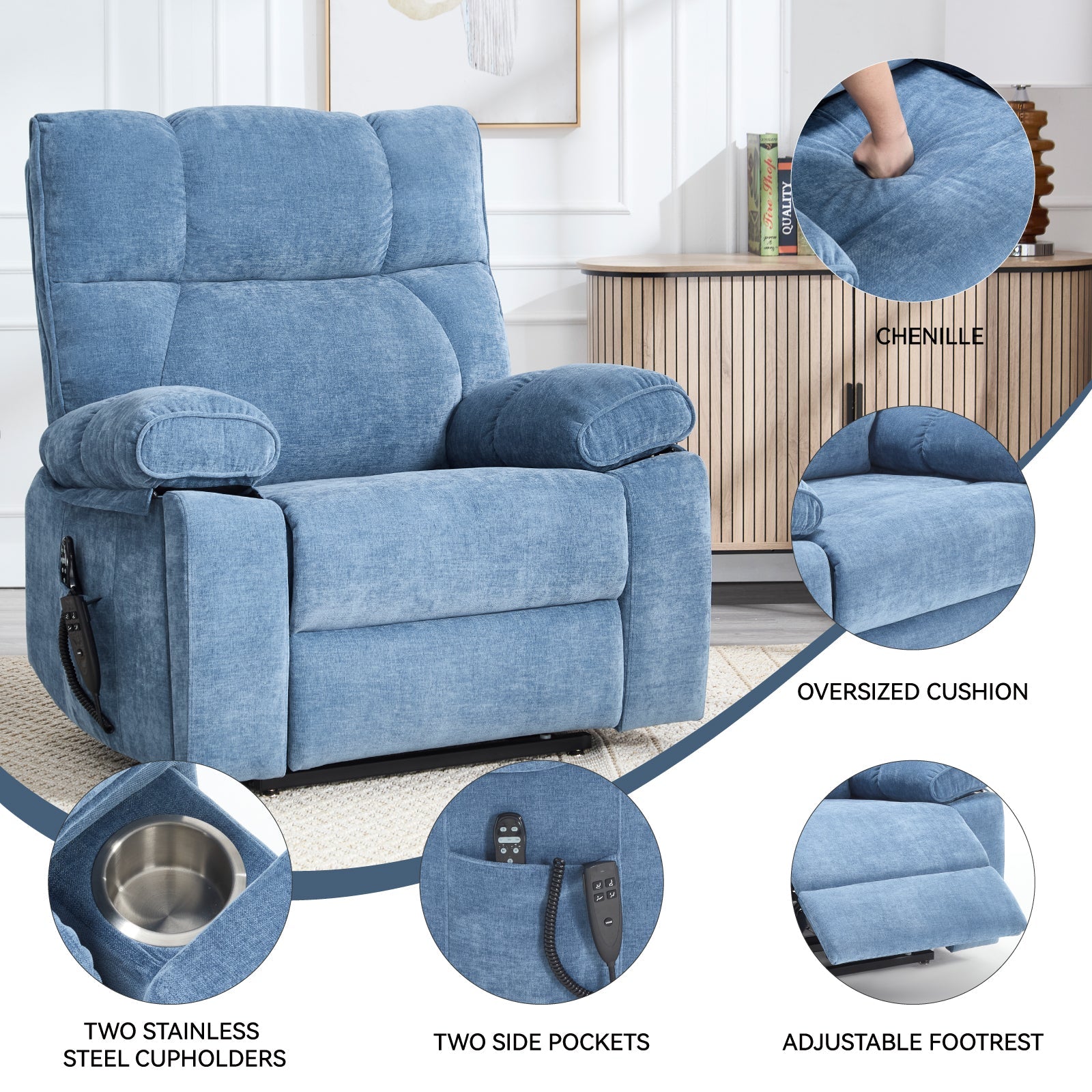 Blue Heat Massage Dual Motor Infinite Position Up to 350 LBS Large Electric Power Lift Recliners with Hidden Cup Holders, Power-Remote, Medium-firm and Heavy Duty