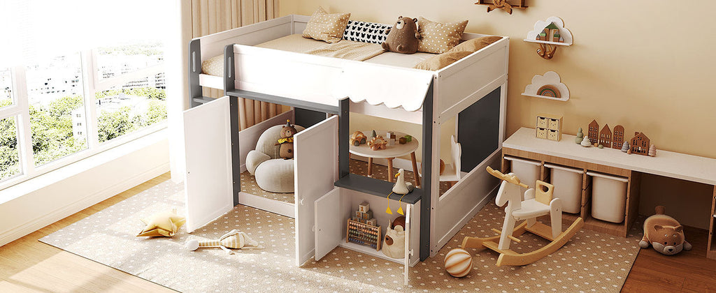 Full Loft House Bed with Playhouse & Storage, Modern Wood Cabin Bed for Kids/Teens, White+Gray