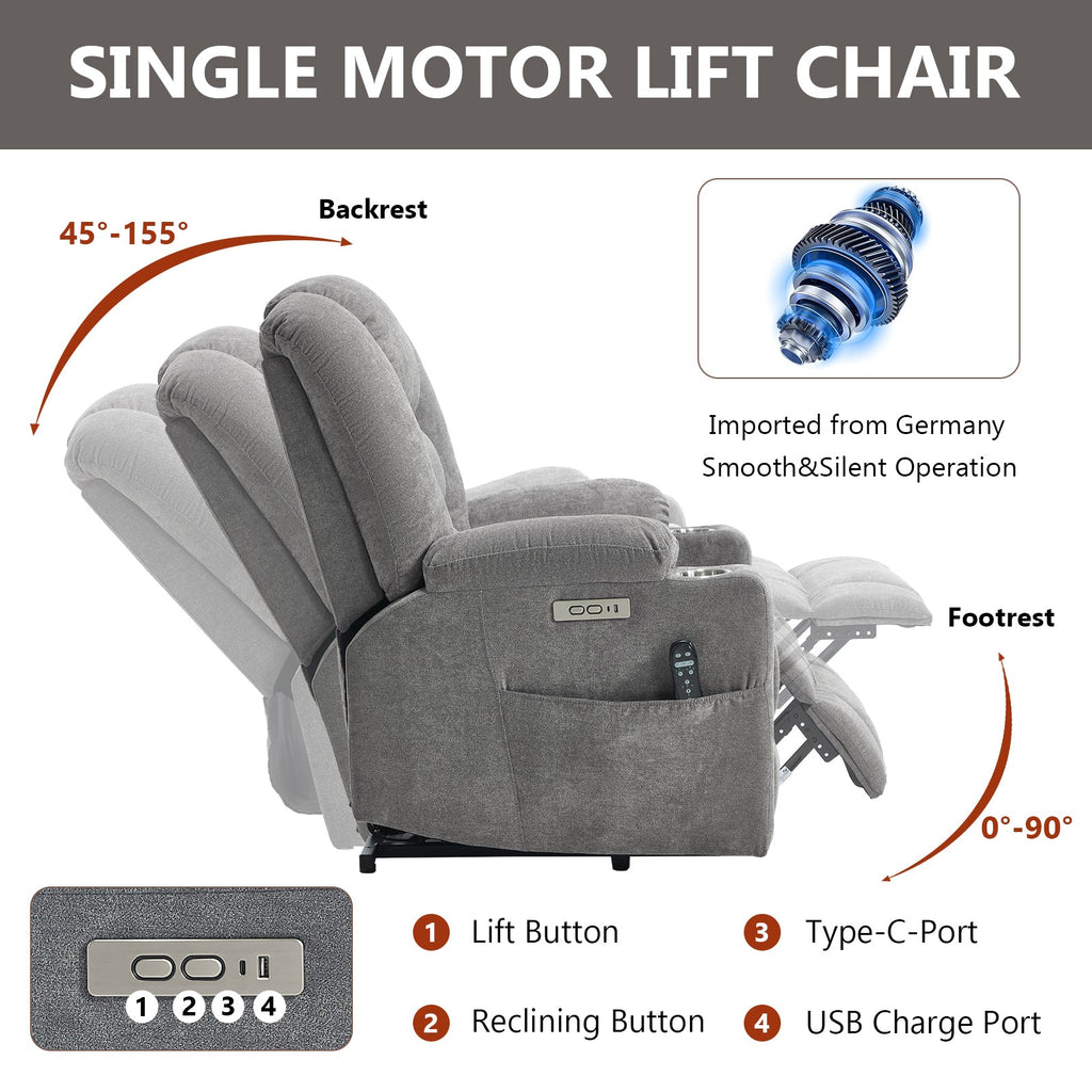 Power Lift Recliner Chair with Massage and Heat for Elderly, Overstuffed Wide Recliners, Heavy Duty Motion Mechanism with USB and Type C Ports, 2 Steel Cup Holders, Light Grey