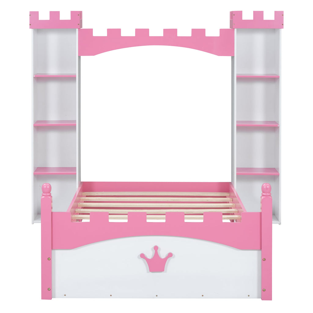 Castle-Shaped Wooden Bed with Storage Shelf, Dreamy Twin Size Platform Bed for Kids Bedroom, White + Pink(Expected Arrival Time:8.14)