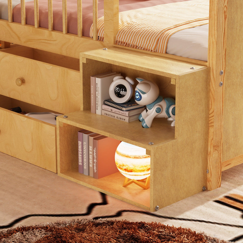 Low Loft Bed with LED Lights, Wooden Twin Loft Bed with House Shape Headboard, Kids Loft Bed with Storage Drawers, Natural (Expect Arrival Date 2025/1/20)