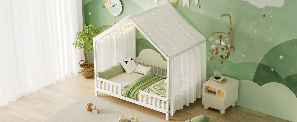 Montessori Floor Bed with Canopy, Full Bed Frame for Kids, House Shape Kids Bed Frame with High Railings, Wood Kids Bed with Roof, Kid Full Bed, White