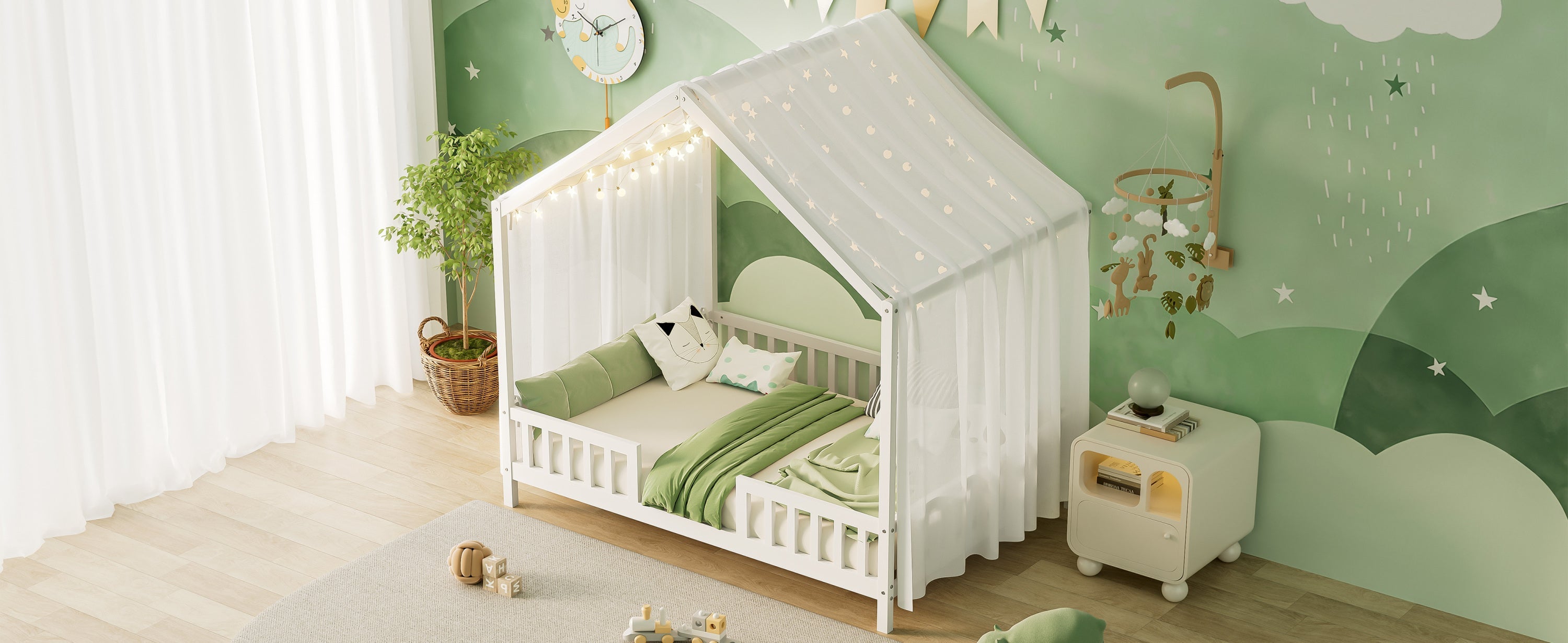 Montessori Floor Bed with Canopy, Full Bed Frame for Kids, House Shape Kids Bed Frame with High Railings, Wood Kids Bed with Roof, Kid Full Bed, White
