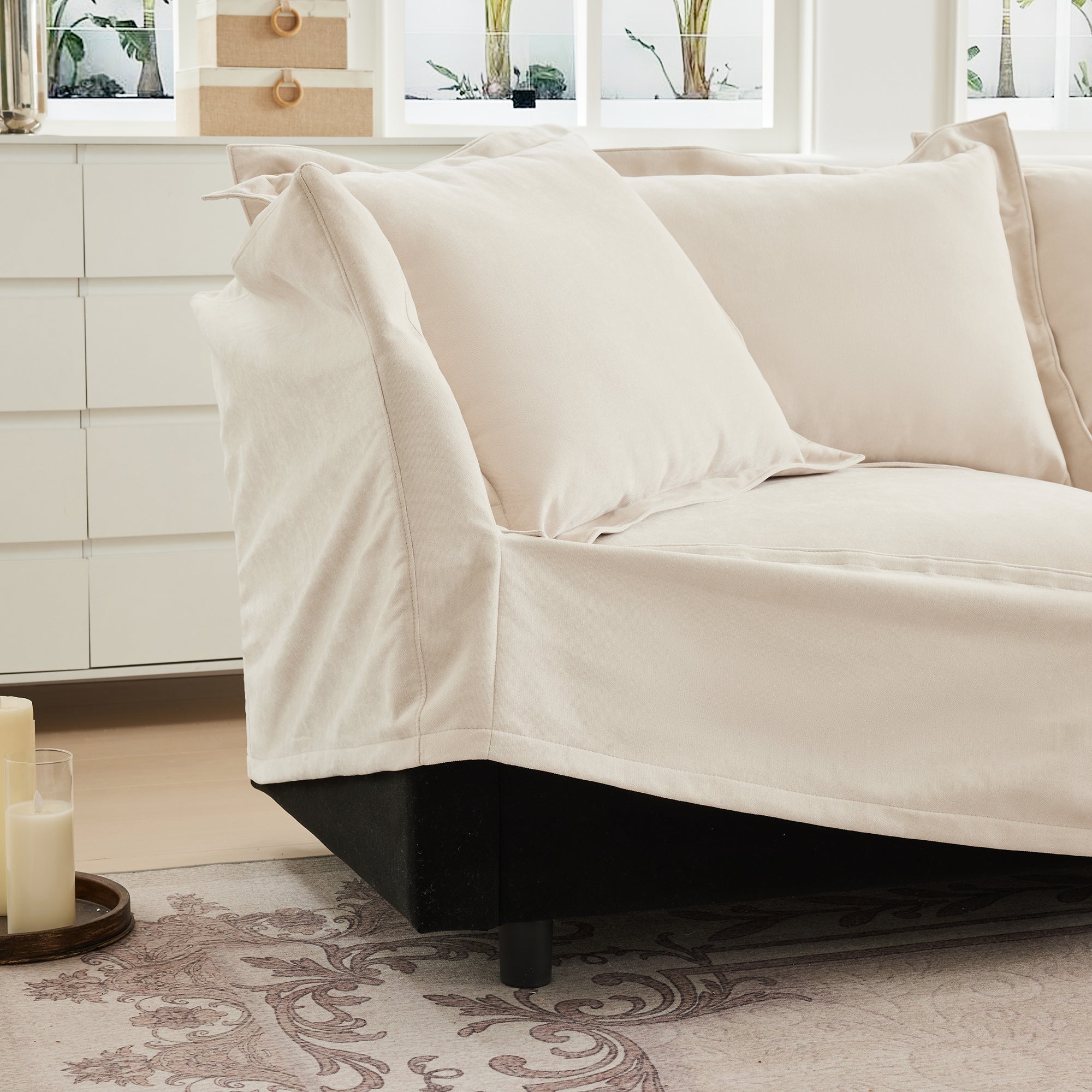 Slipcovered Sofa 2 Seater Sofa    With 2 Ottomans, 2 Seater Sleeper Sofa Bed Home Theater Oversized Sofa For Living Room, Chenille, Cream